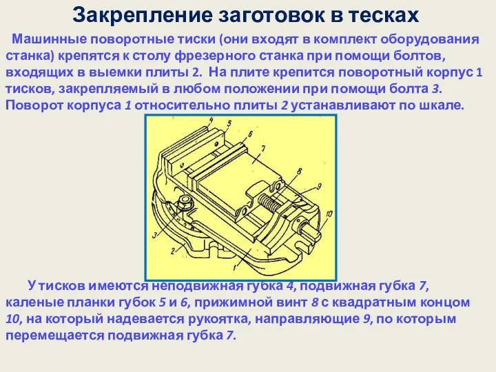 Закрепление заготовок в тесках Машинные поворотные тиски (они входят в комплект оборудования