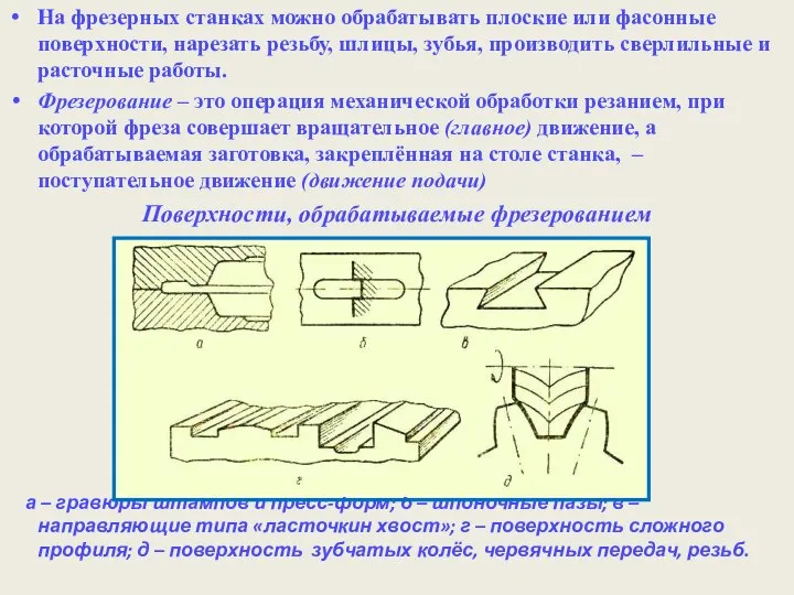 На фрезерных станках можно обрабатывать плоские или фасонные поверхности, нарезать резьбу, шлицы,