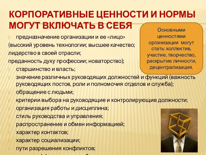 КОРПОРАТИВНЫЕ ЦЕННОСТИ И НОРМЫ МОГУТ ВКЛЮЧАТЬ В СЕБЯ предназначение организации и ее