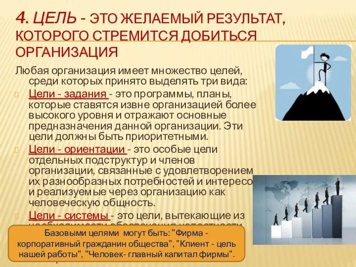 4. ЦЕЛЬ - ЭТО ЖЕЛАЕМЫЙ РЕЗУЛЬТАТ, КОТОРОГО СТРЕМИТСЯ ДОБИТЬСЯ ОРГАНИЗАЦИЯ Любая организация