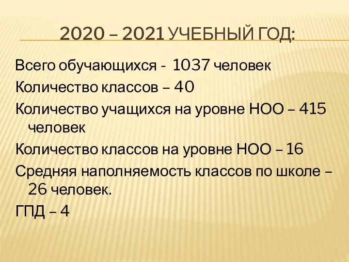 2020 – 2021 УЧЕБНЫЙ ГОД: Всего обучающихся - 1037 человек Количество классов