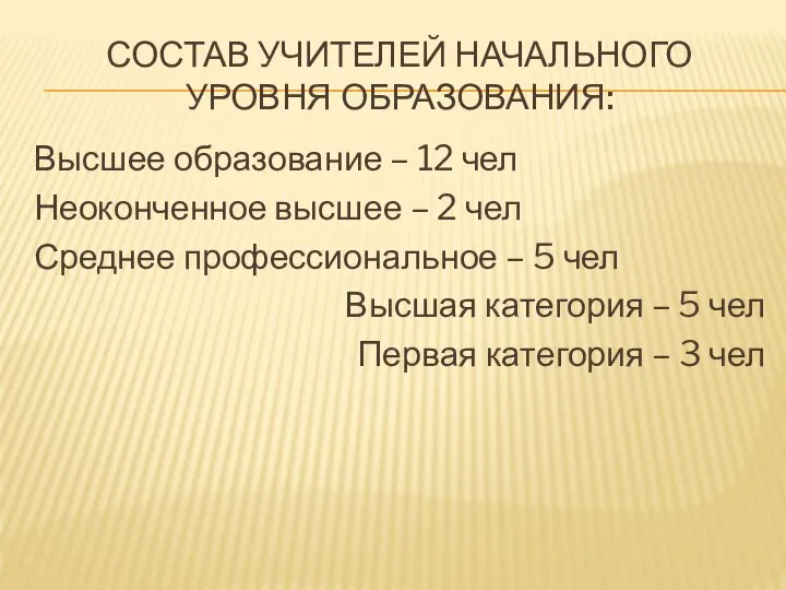 СОСТАВ УЧИТЕЛЕЙ НАЧАЛЬНОГО УРОВНЯ ОБРАЗОВАНИЯ: Высшее образование – 12 чел Неоконченное высшее