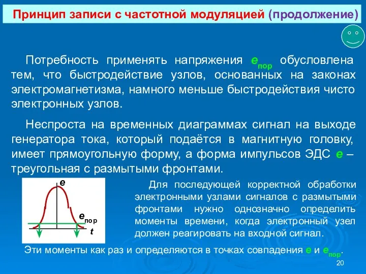 Принцип записи с частотной модуляцией (продолжение) Для последующей корректной обработки электронными узлами