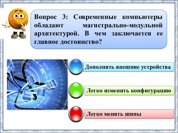 Легко изменить конфигурацию Дополнять внешние устройства Легко менять шины Вопрос 3: Современные