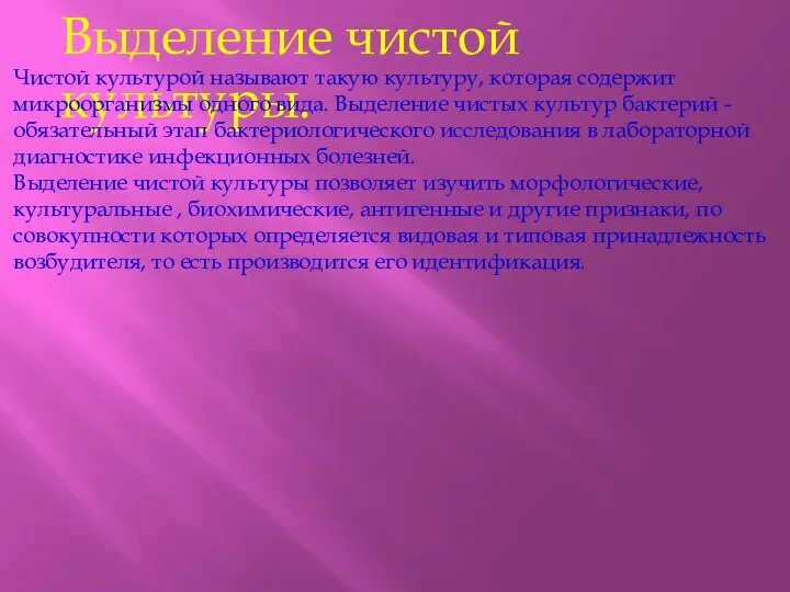 Выделение чистой культуры. Чистой культурой называют такую культуру, которая содержит микроорганизмы одного