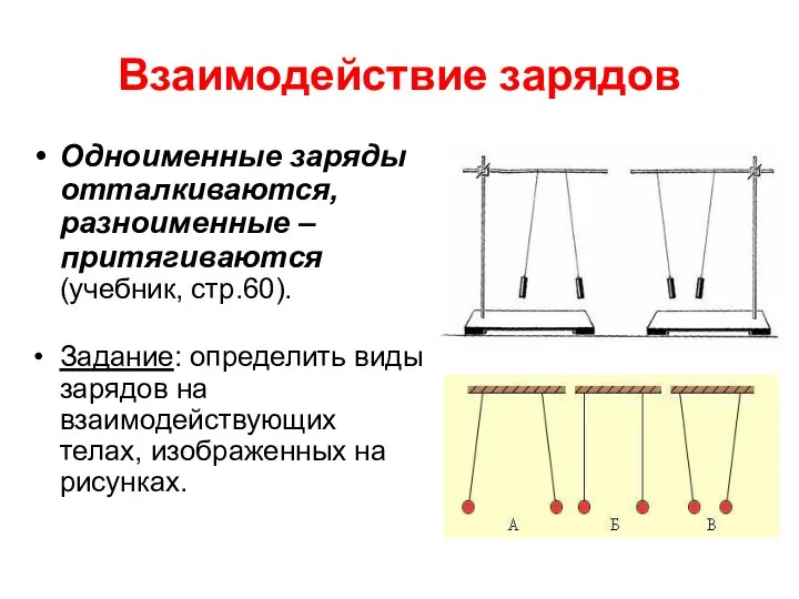 Взаимодействие зарядов Одноименные заряды отталкиваются, разноименные – притягиваются (учебник, стр.60). Задание: определить