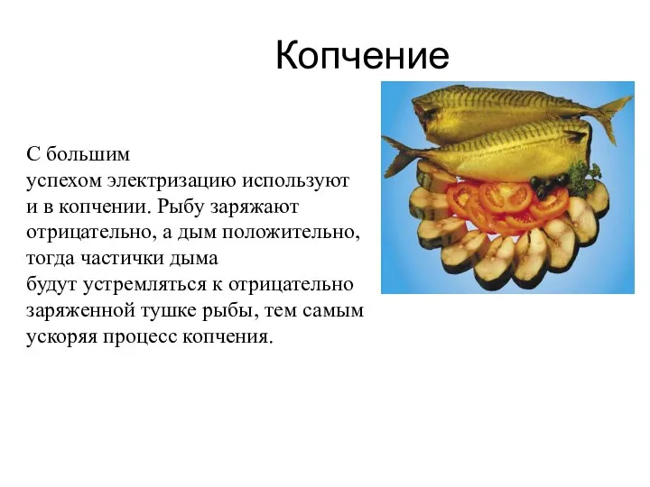 Копчение С большим успехом электризацию используют и в копчении. Рыбу заряжают отрицательно,