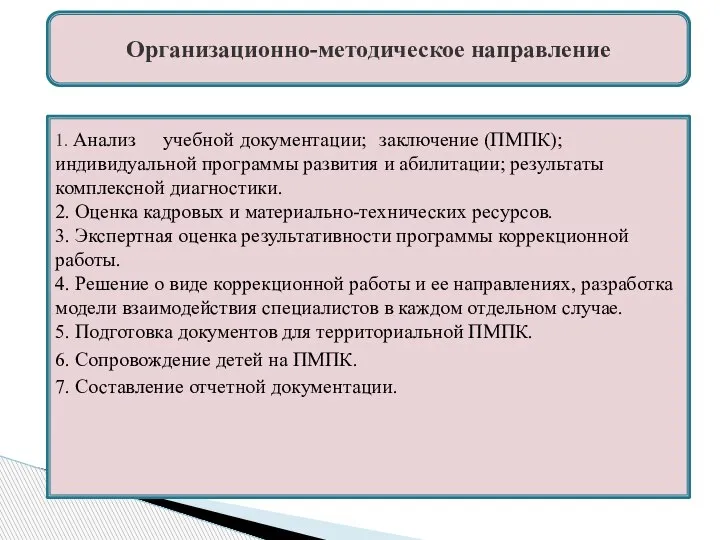 Организационно-методическое направление 1. Анализ учебной документации; заключение (ПМПК); индивидуальной программы развития и