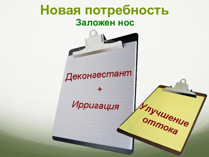 Новая потребность Улучшение оттока Деконгестант + Ирригация Заложен нос