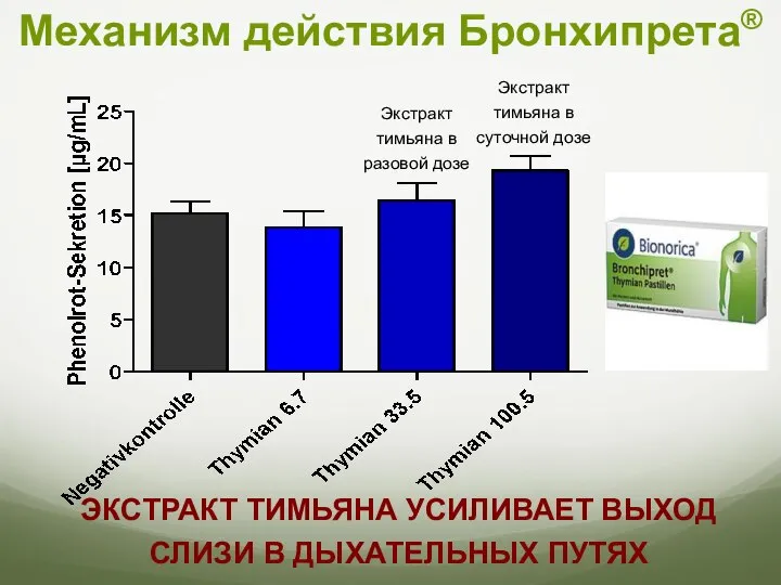 ЭКСТРАКТ ТИМЬЯНА УСИЛИВАЕТ ВЫХОД СЛИЗИ В ДЫХАТЕЛЬНЫХ ПУТЯХ Механизм действия Бронхипрета® Экстракт