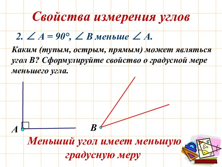 Свойства измерения углов Каким (тупым, острым, прямым) может являться угол В? Сформулируйте