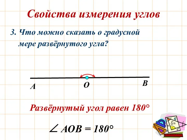 Свойства измерения углов 3. Что можно сказать о градусной мере развёрнутого угла?