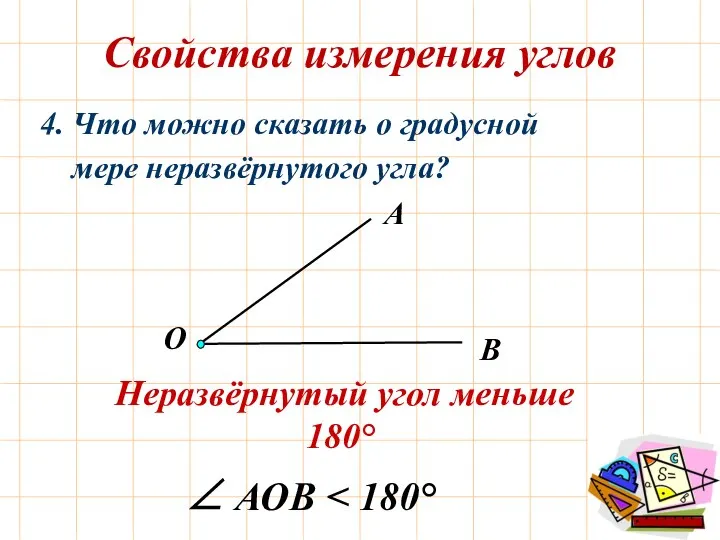 О Свойства измерения углов 4. Что можно сказать о градусной мере неразвёрнутого