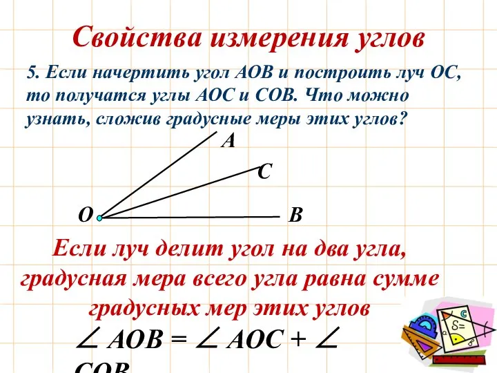 O А В С Если луч делит угол на два угла, градусная