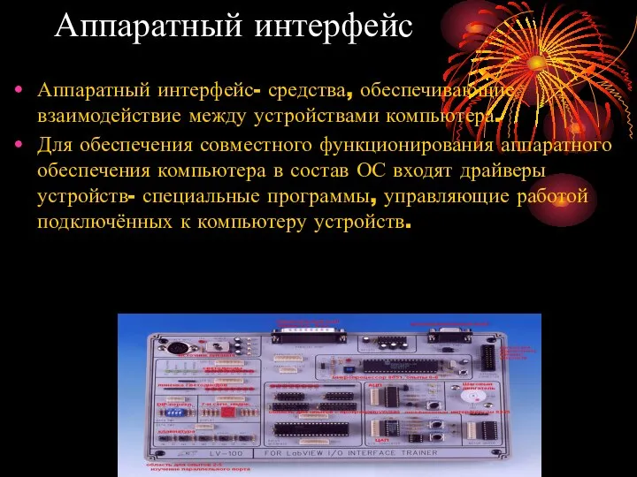 Аппаратный интерфейс Аппаратный интерфейс- средства, обеспечивающие взаимодействие между устройствами компьютера. Для обеспечения