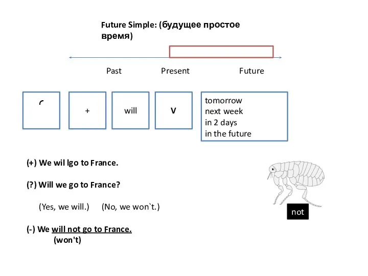 Future Simple: (будущее простое время) Past Present Future ֜ + will V