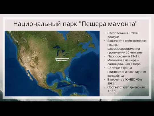 Национальный парк "Пещера мамонта" Расположен в штате Кентуки Включает в себя комплекс