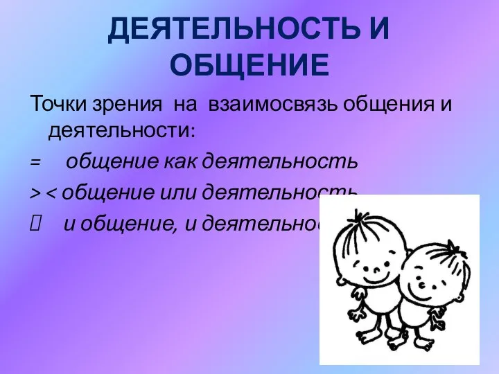 ДЕЯТЕЛЬНОСТЬ И ОБЩЕНИЕ Точки зрения на взаимосвязь общения и деятельности: = общение