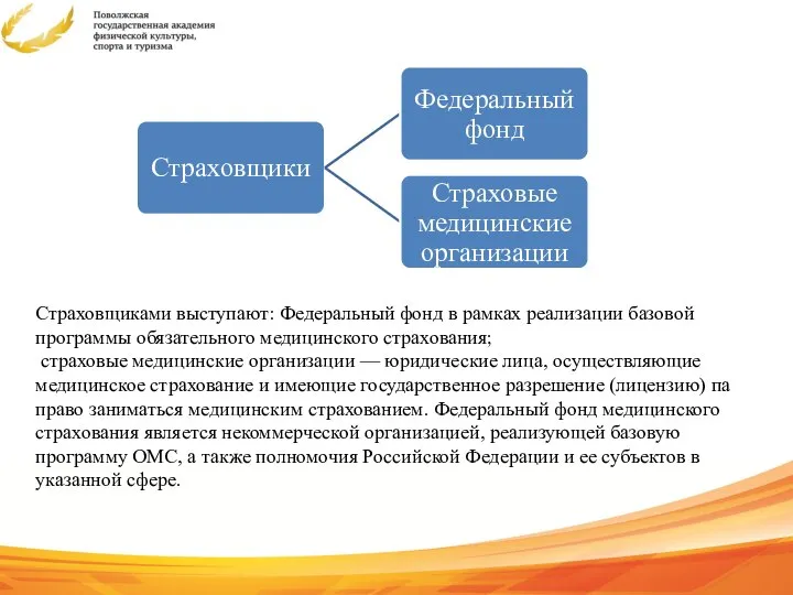 Страховщиками выступают: Федеральный фонд в рамках реализации базовой программы обязательного медицинского страхования;