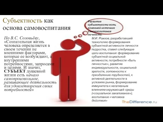 Субъектность как основа самовоспитания По В.С. Соловьёву, «Сознательная жизнь человека определяется в