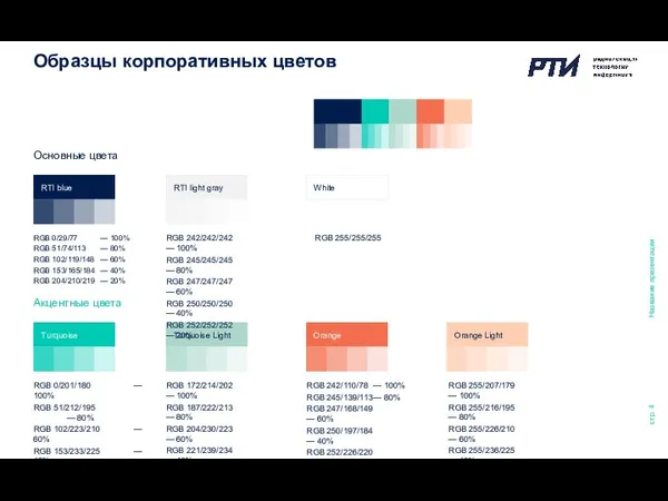 Название презентации стр. Основные цвета RTI blue RTI light gray White RGB