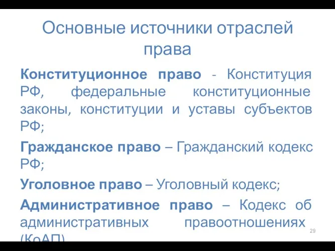 Основные источники отраслей права Конституционное право - Конституция РФ, федеральные конституционные законы,