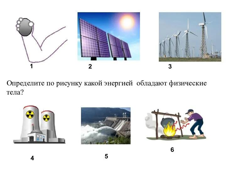 1 6 4 3 2 Определите по рисунку какой энергией обладают физические тела? 5