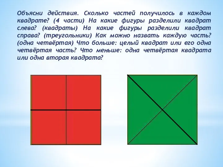 Объясни действия. Сколько частей получилось в каждом квадрате? (4 части) На какие