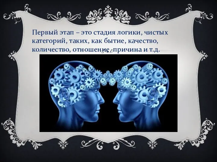 Первый этап – это стадия логики, чистых категорий, таких, как бытие, качество,