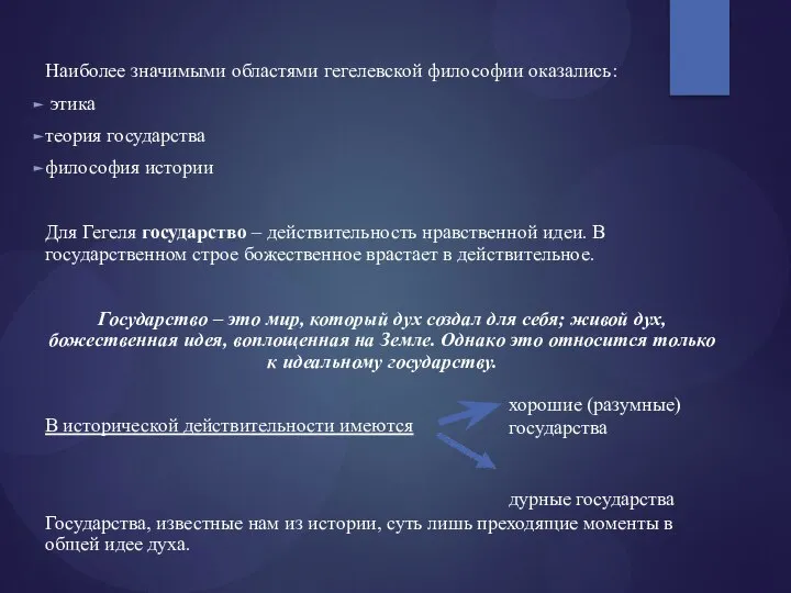 Наиболее значимыми областями гегелевской философии оказались: этика теория государства философия истории Для