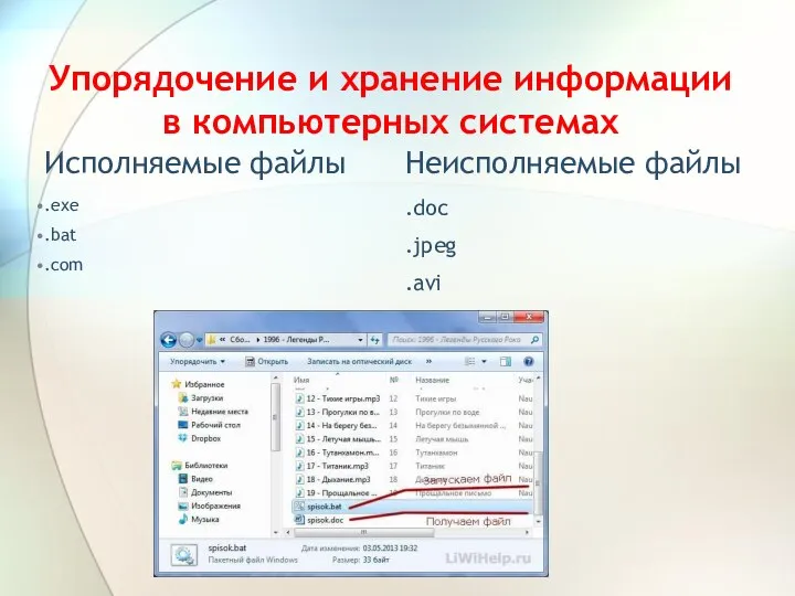 Упорядочение и хранение информации в компьютерных системах Исполняемые файлы .exe .bat .com