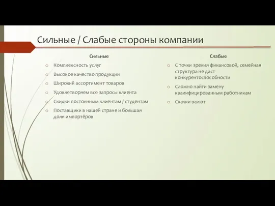 Сильные / Слабые стороны компании Сильные Комплексность услуг Высокое качество продукции Широкий