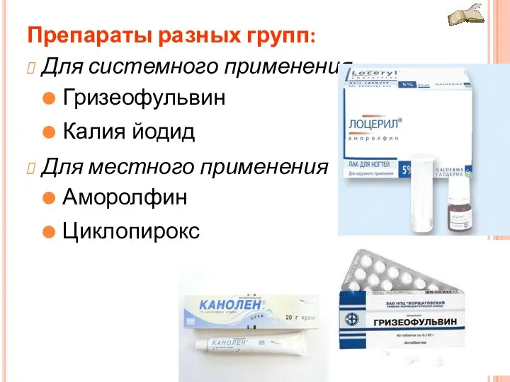 Препараты разных групп: Для системного применения Гризеофульвин Калия йодид Для местного применения Аморолфин Циклопирокс