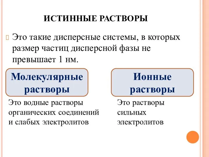 ИСТИННЫЕ РАСТВОРЫ Это такие дисперсные системы, в которых размер частиц дисперсной фазы