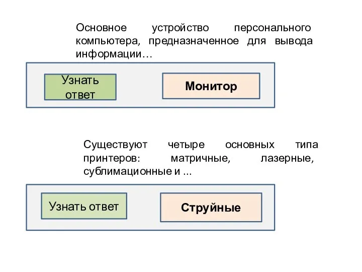 Узнать ответ Монитор Основное устройство персонального компьютера, предназначенное для вывода информации… Существуют