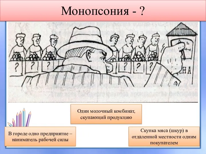 Монопсония - ? В городе одно предприятие – наниматель рабочей силы Один