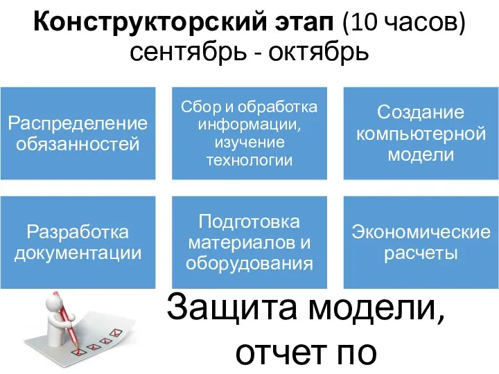 Конструкторский этап (10 часов) сентябрь - октябрь Защита модели, отчет по документации