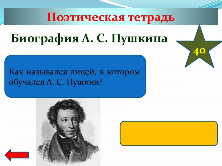 Поэтическая тетрадь 40 Биография А. С. Пушкина Как назывался лицей, в котором