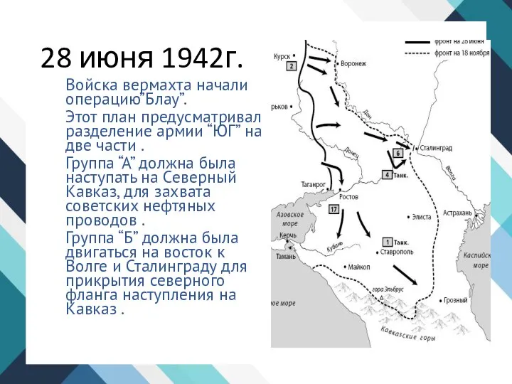 28 июня 1942г. Войска вермахта начали операцию”Блау”. Этот план предусматривал разделение армии