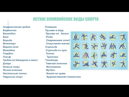 ЛЕТНИЕ ОЛИМПИЙСКИЕ ВИДЫ СПОРТА Академическая гребля Плавание Бадминтон Прыжки в воду Баскетбол