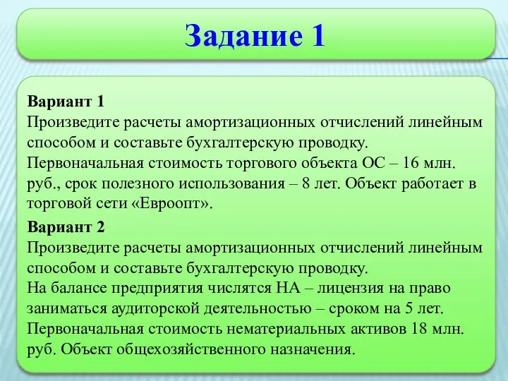 Задание 1 Вариант 1 Произведите расчеты амортизационных отчислений линейным способом и составьте