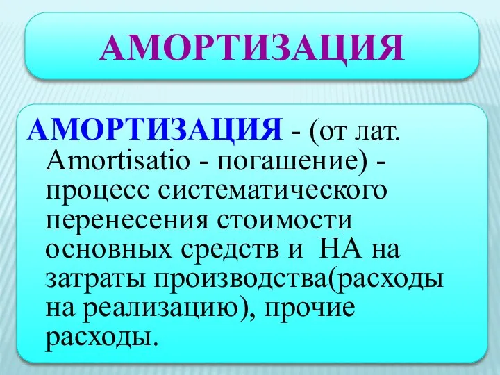 АМОРТИЗАЦИЯ АМОРТИЗАЦИЯ - (от лат. Amortisatio - погашение) - процесс систематического перенесения