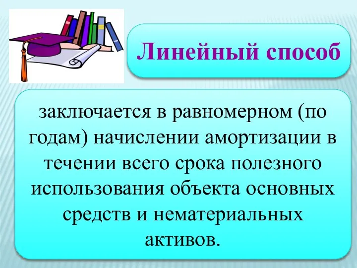 Линейный способ заключается в равномерном (по годам) начислении амортизации в течении всего