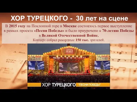 В 2015 году на Поклонной горе в Москве состоялось первое выступление в