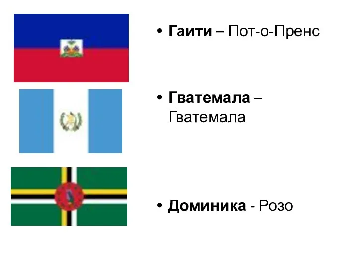 Гаити – Пот-о-Пренс Гватемала – Гватемала Доминика - Розо