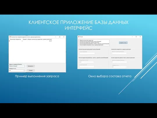 КЛИЕНТСКОЕ ПРИЛОЖЕНИЕ БАЗЫ ДАННЫХ ИНТЕРФЕЙС Пример выполнения запроса Окно выбора состава отчета