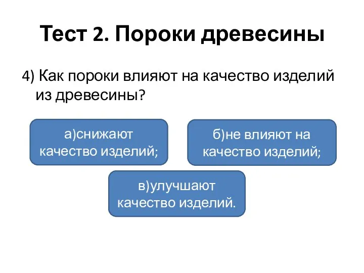 Тест 2. Пороки древесины 4) Как пороки влияют на качество изделий из