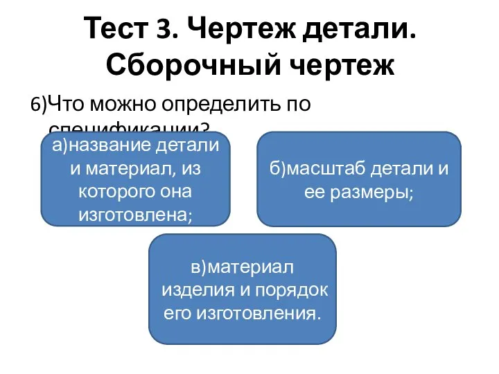 Тест 3. Чертеж детали. Сборочный чертеж 6)Что можно определить по спецификации? а)название