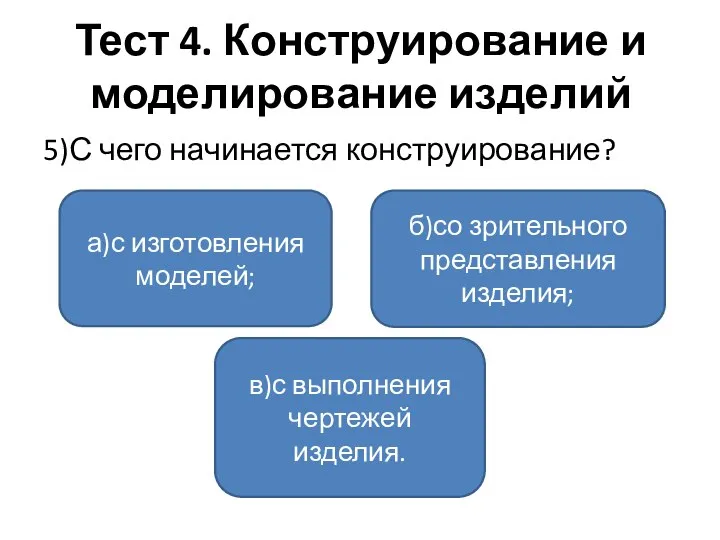 Тест 4. Конструирование и моделирование изделий 5)С чего начинается конструирование? а)с изготовления