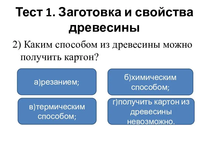 Тест 1. Заготовка и свойства древесины 2) Каким способом из древесины можно